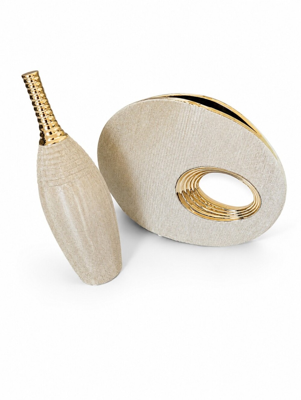 Modern Textured Ivory & Gold Decorative Vase Bowl Set – 2 Piece Ceramic Home
